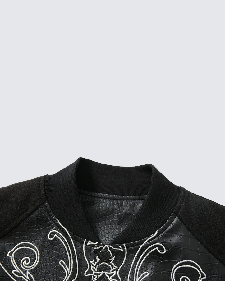 Gothic Cross Embroidered Faux Leather Varsity Jacket