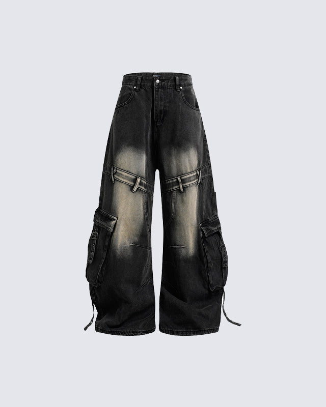 Washed Cargo Wide-Leg Denim Pants