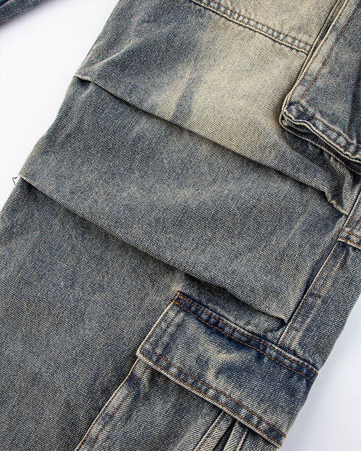 Washed Denim Multi-Pocket Cargo Pants