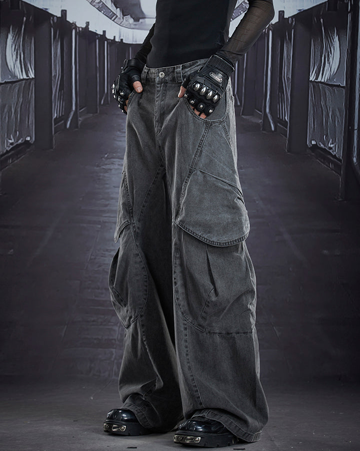 Distressed Panel Wide-Leg Denim Pants