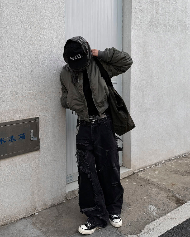 Double-Waist Heavy Patchwork Denim Pants