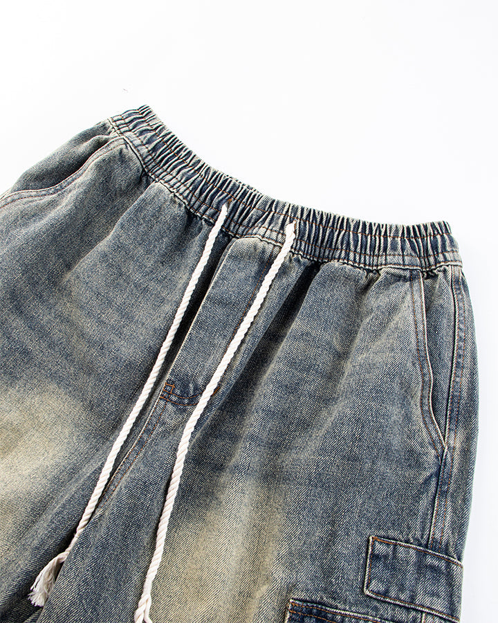 Washed Denim Multi-Pocket Cargo Pants