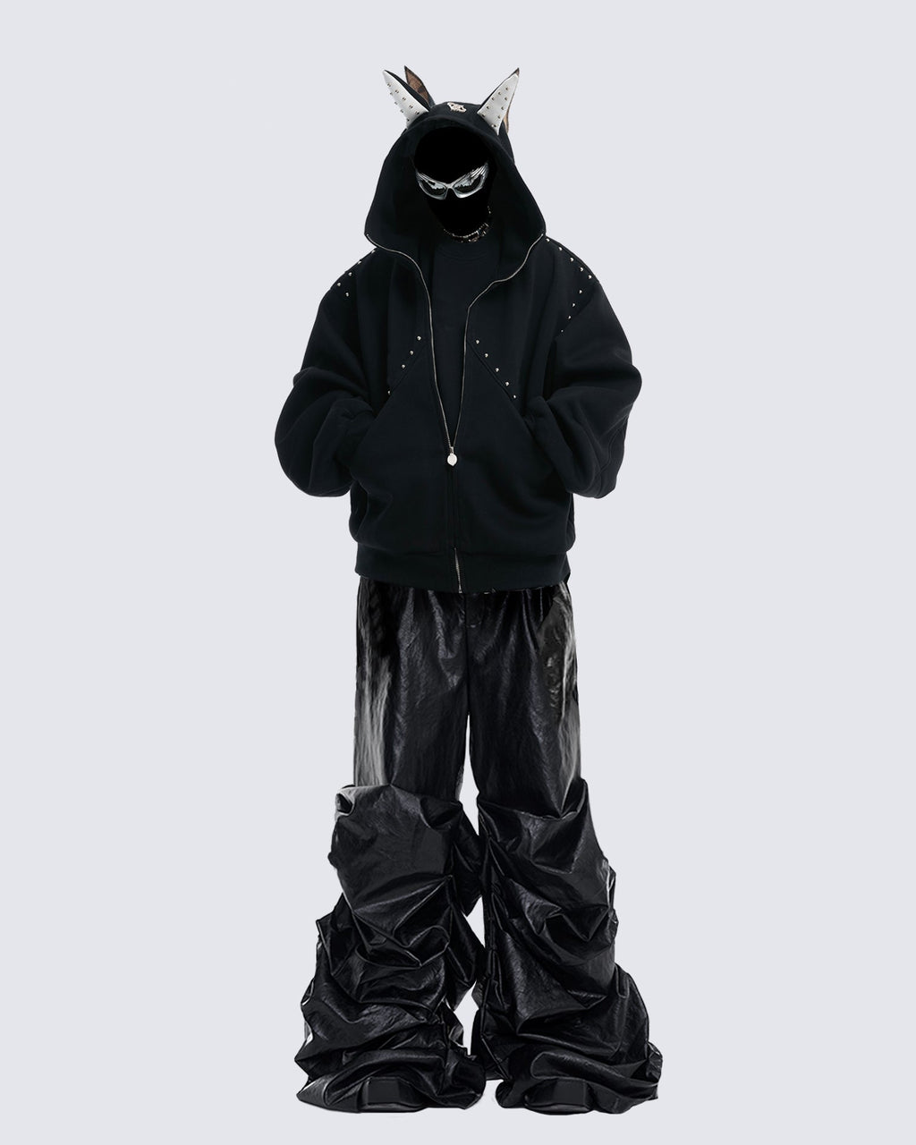 Horned Studded Zip-Up Hoodie with Ear Detail