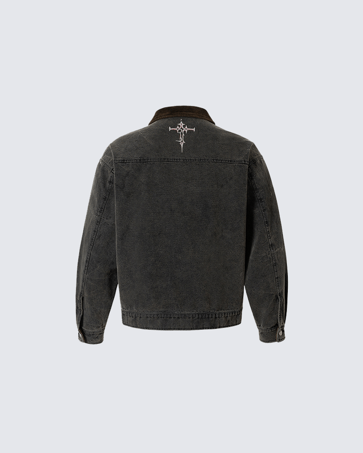 Washed Denim Graffiti Jacket with Contrast Collar