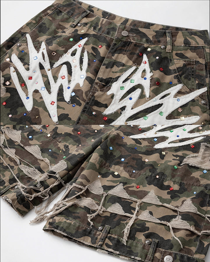 Camo Print Distressed Cargo Shorts