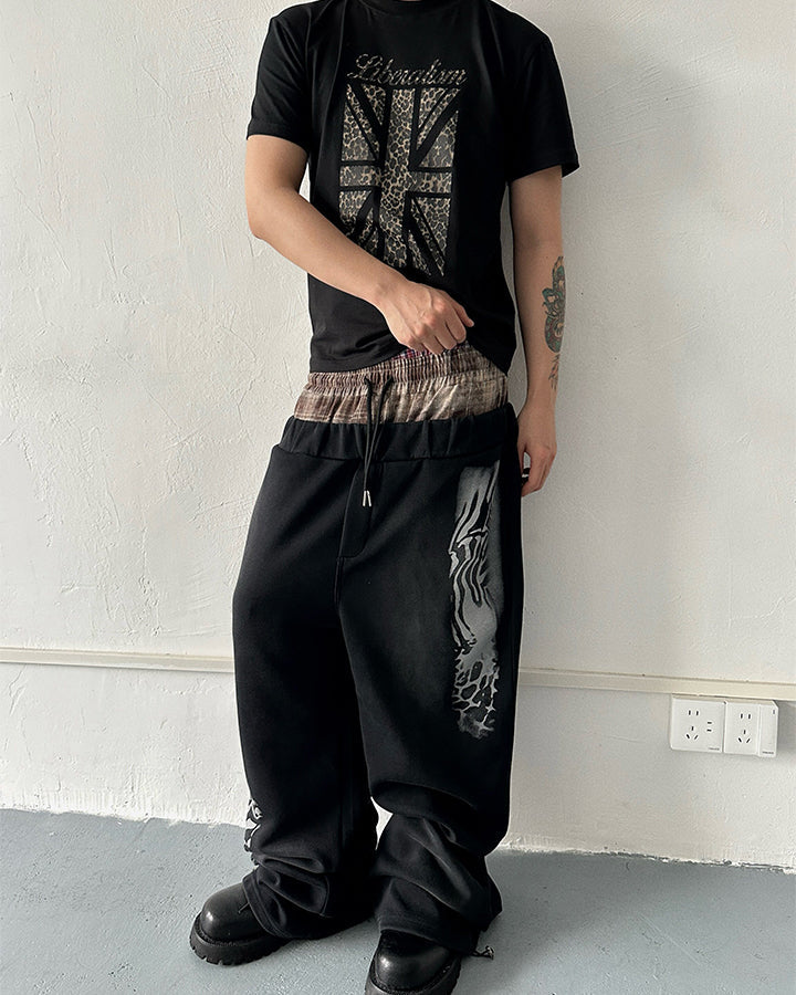 Animal Print Double Waistband Wide-Leg Sweatpants