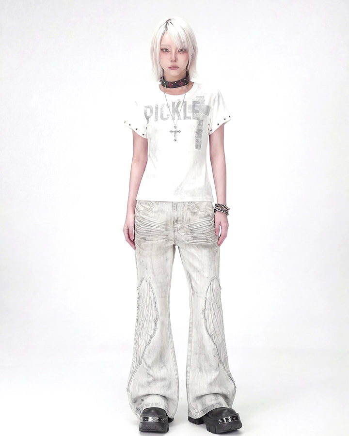 Angel Wing Print Distressed Wide-Legged Jeans