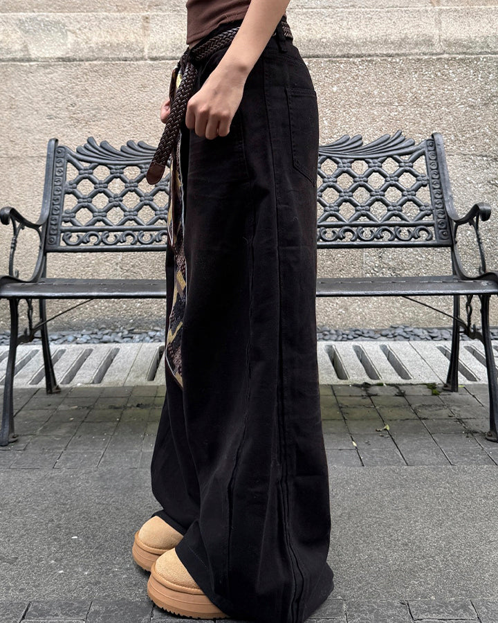 Scarf Belt Wide Leg Denim Pants