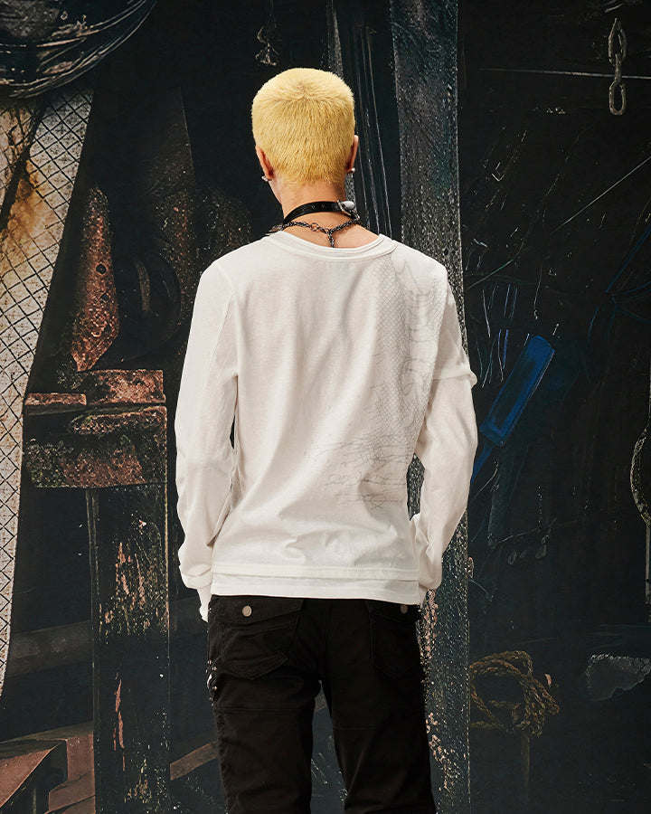 American Skeleton Texture Layered Long T-Shirt