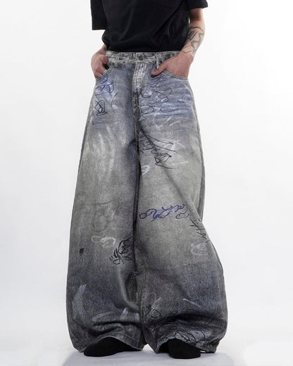 Graffiti Print Balloon Denim Pants