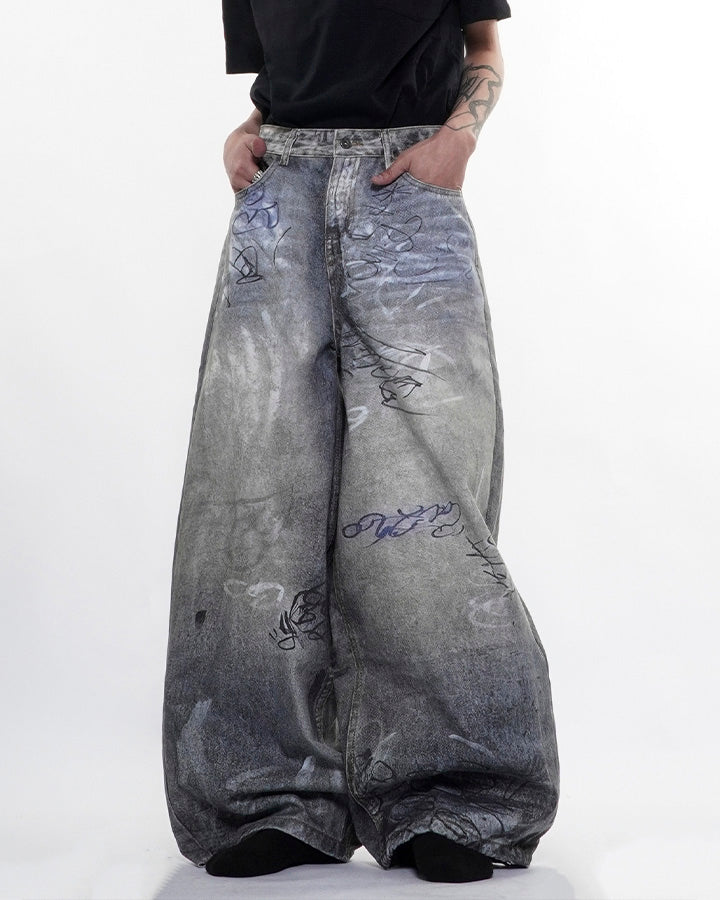 Graffiti Print Balloon Denim Pants