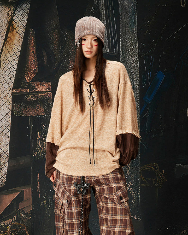 Lace-Up Neck Layered Knit T-Shirt