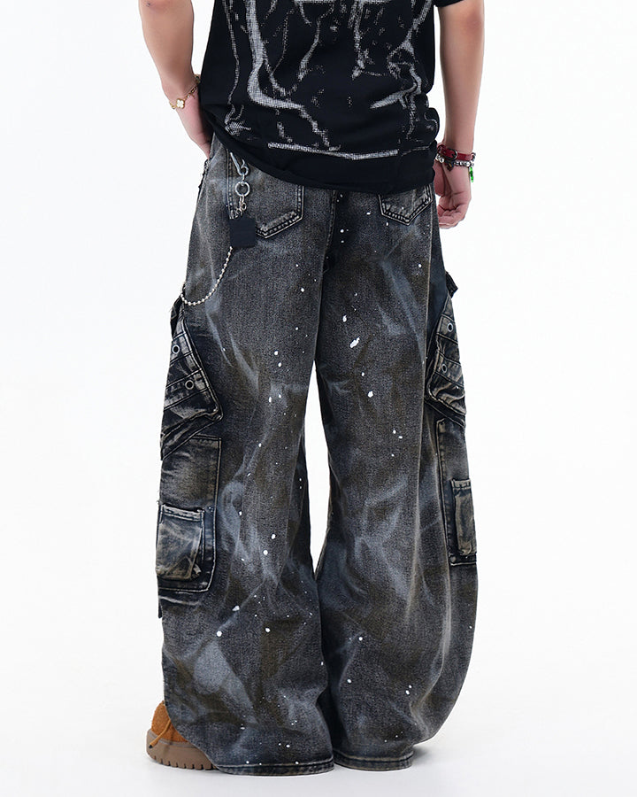 Heavy Washed Ink-Splatter Deconstructed Denim Jeans