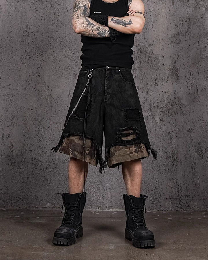 Distressed Bleached Patchwork Denim Shorts