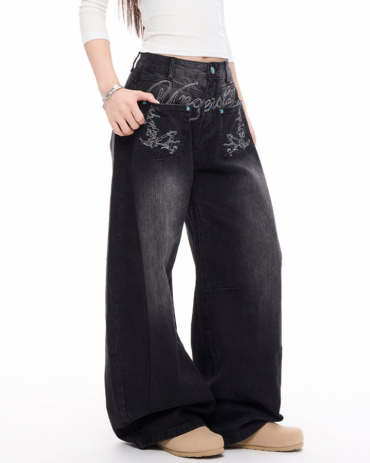 Vintage Washed Wide-Leg Denim Pants