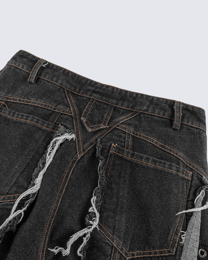 Frayed Patchwork Wide-Leg Denim Pants
