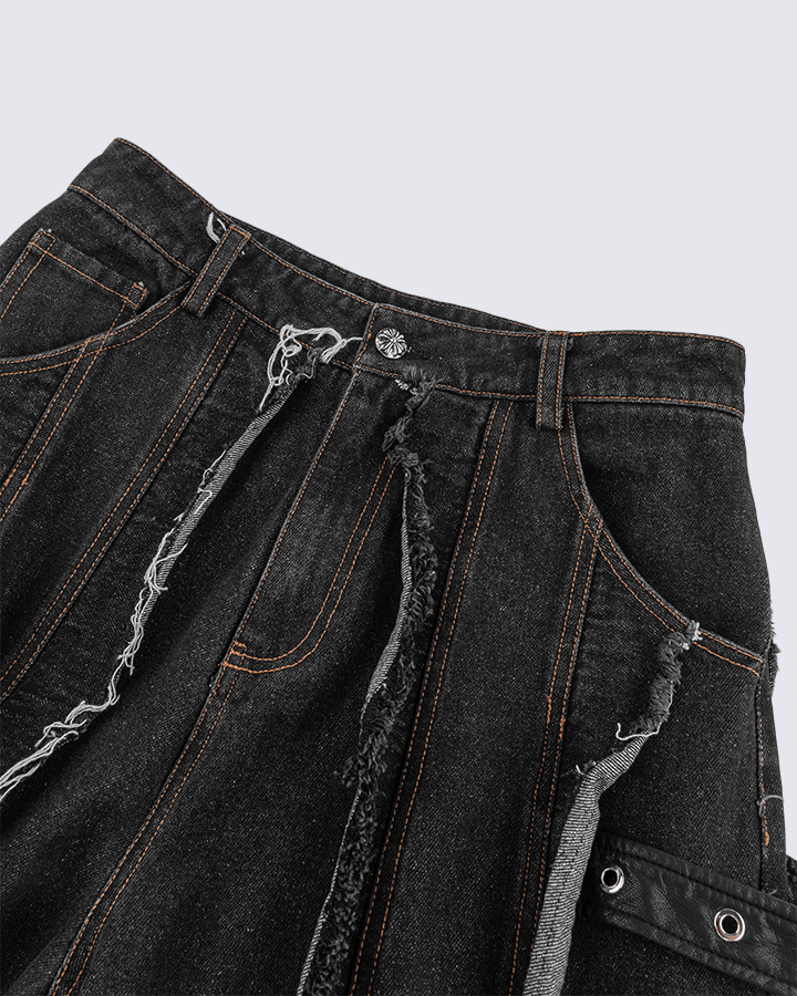 Frayed Patchwork Wide-Leg Denim Pants