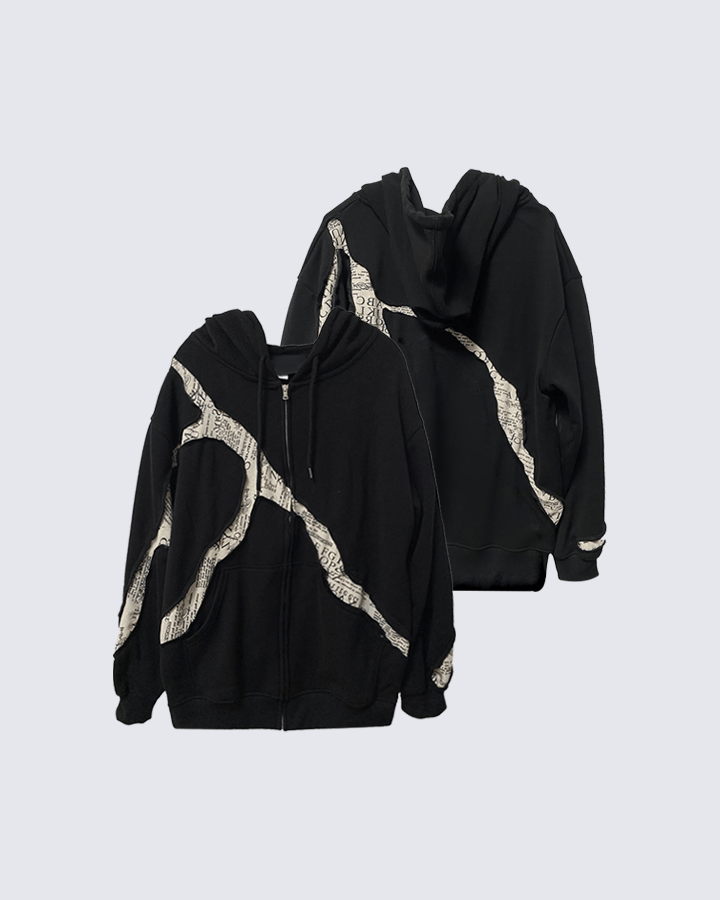 Abstract Newspaper Patchwork Zip Hoodie Cotton Blend Sweatshirt