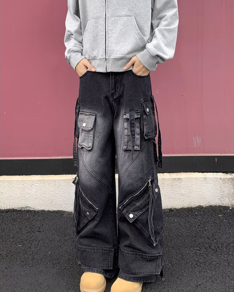Retro Multi-Pocket Cargo Denim Pants