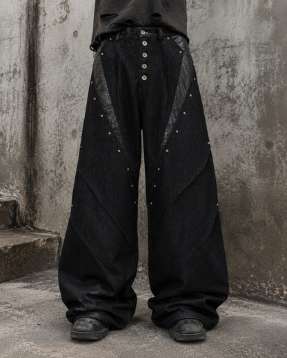 Retro Studded Button-Front Denim Pants