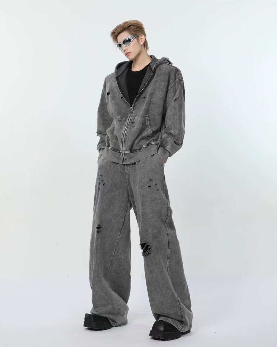 Distressed Washed Wide-Leg Sweatpants