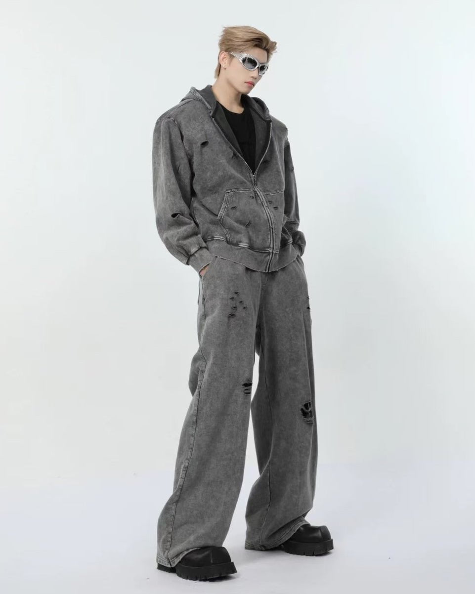 Distressed Washed Wide-Leg Sweatpants