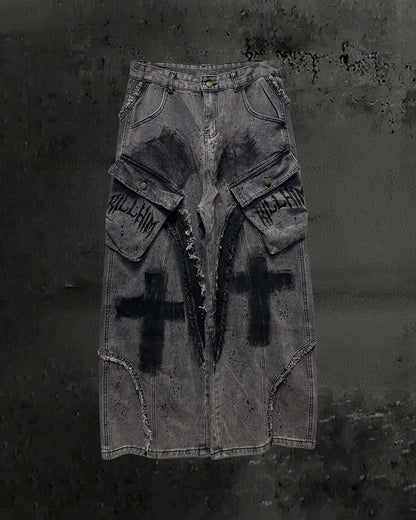 （Clearance）Paint-Splattered Distressed Wide-Leg Jeans