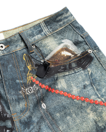American Street Graffiti Print Washed Denim Shorts