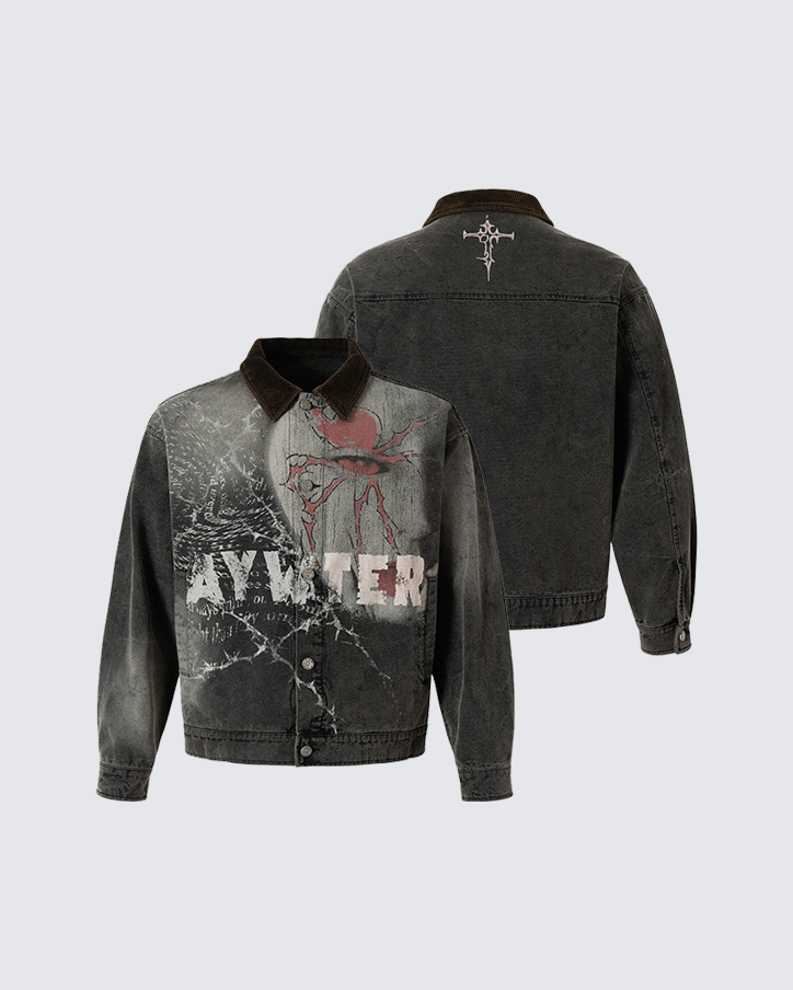 Washed Denim Graffiti Jacket with Contrast Collar