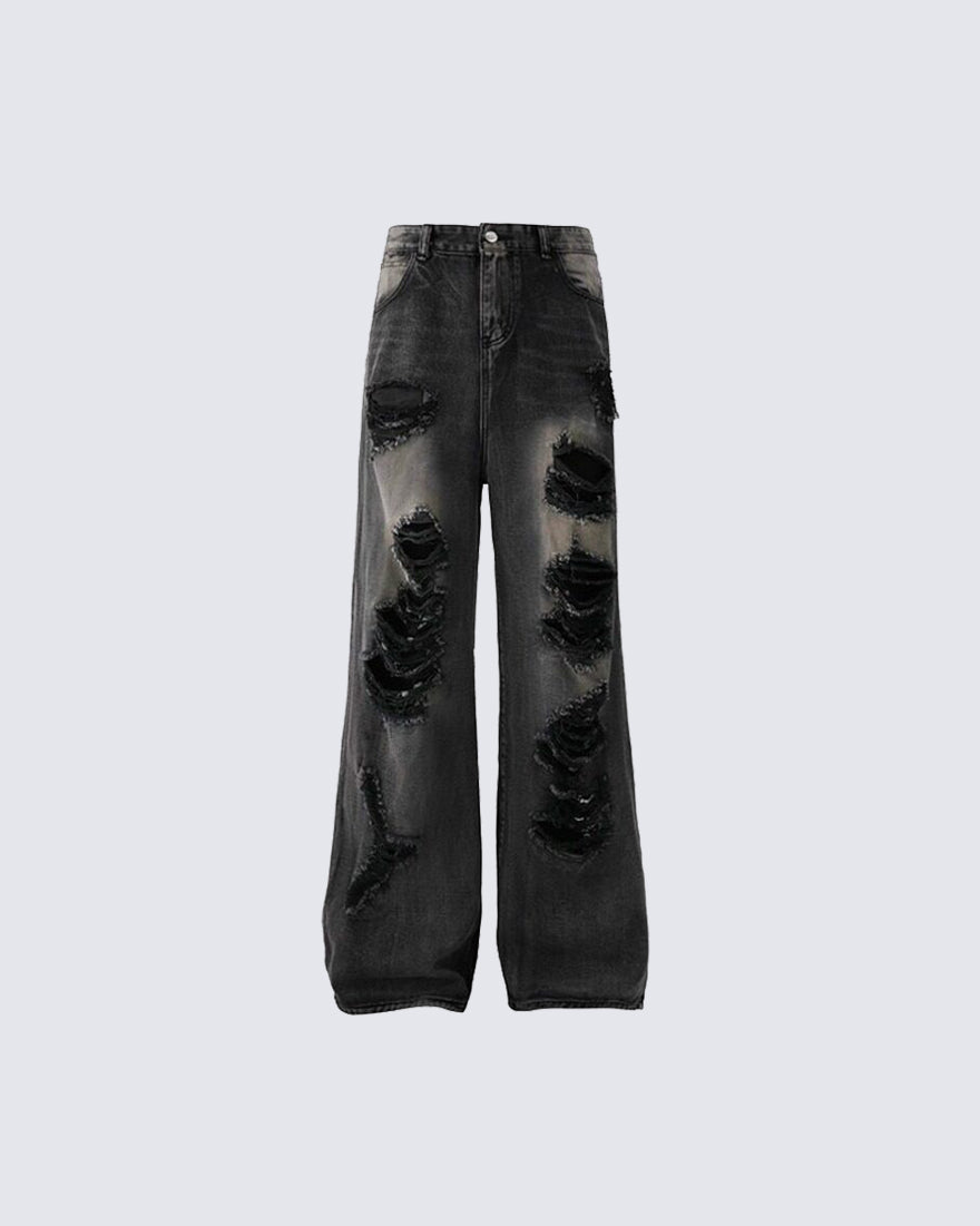 Distressed Ripped Black Denim Pants