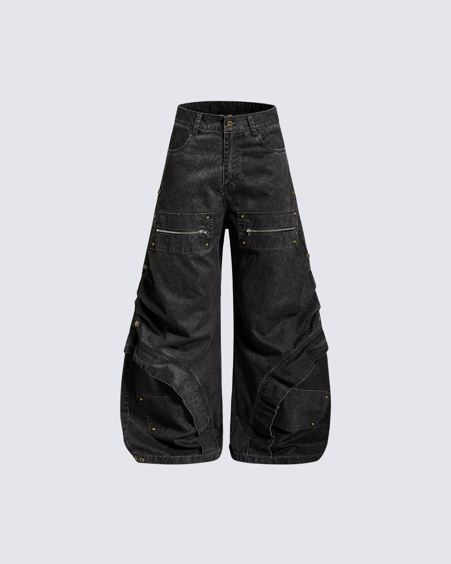 Spliced Metal-Detail Scimitar Denim Pants