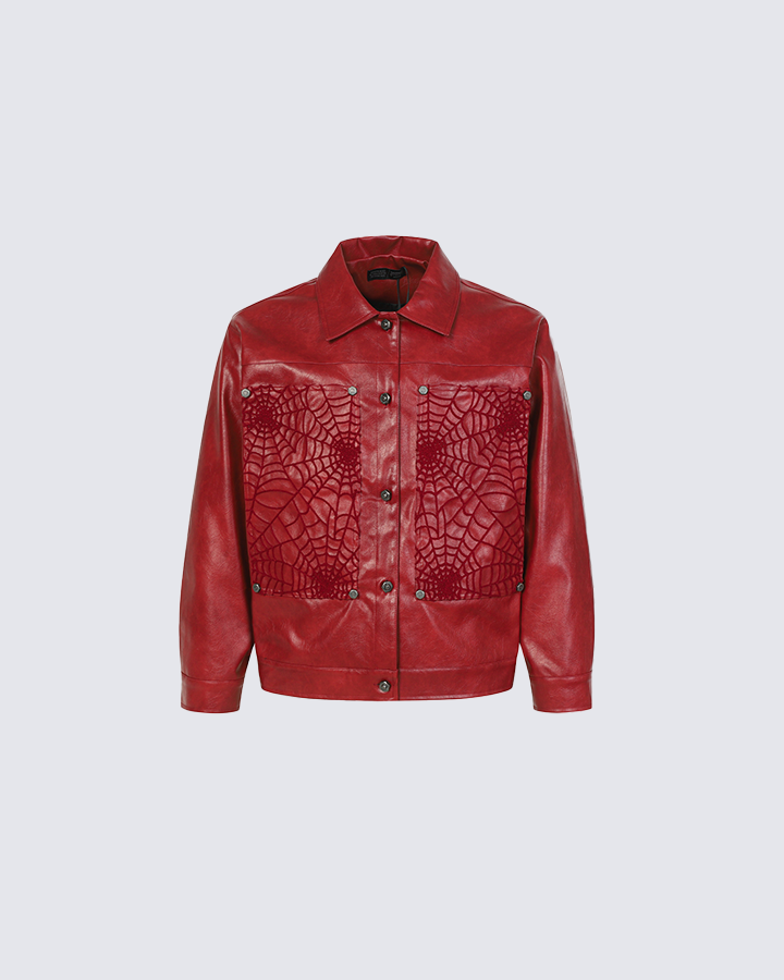 Faux Leather Jacket with Spiderweb Panels