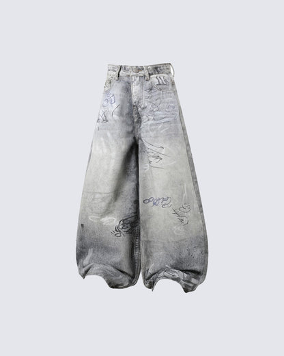 Graffiti Print Balloon Denim Pants