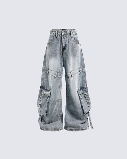 Washed Cargo Wide-Leg Denim Pants