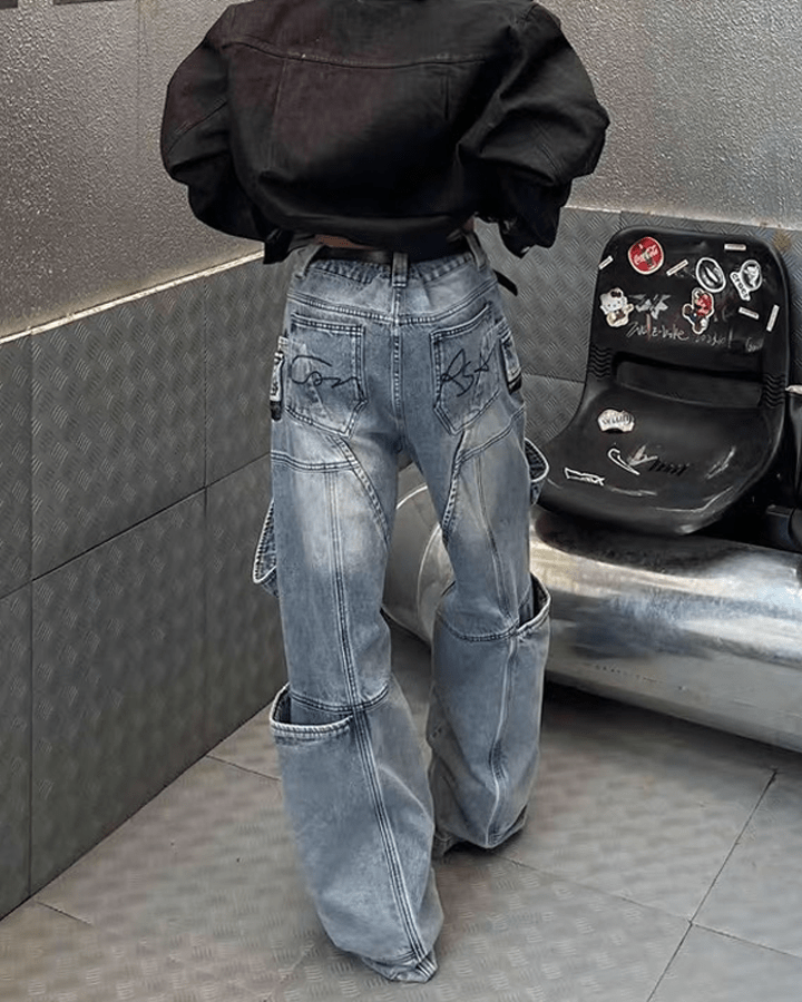 Multi-Zip Techwear Cargo Denim Pants