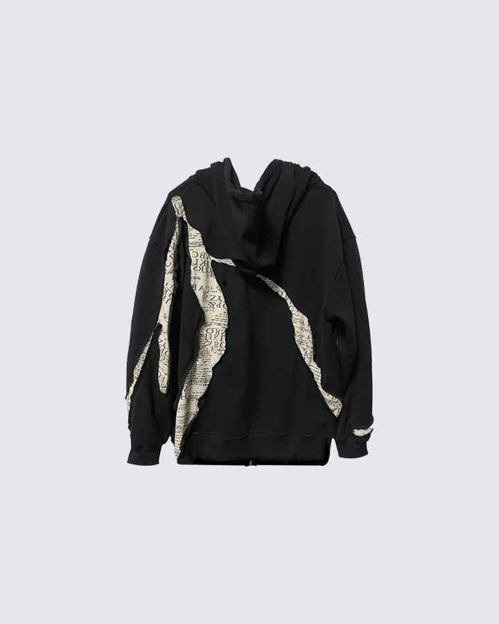 Abstract Newspaper Patchwork Zip Hoodie Cotton Blend Sweatshirt