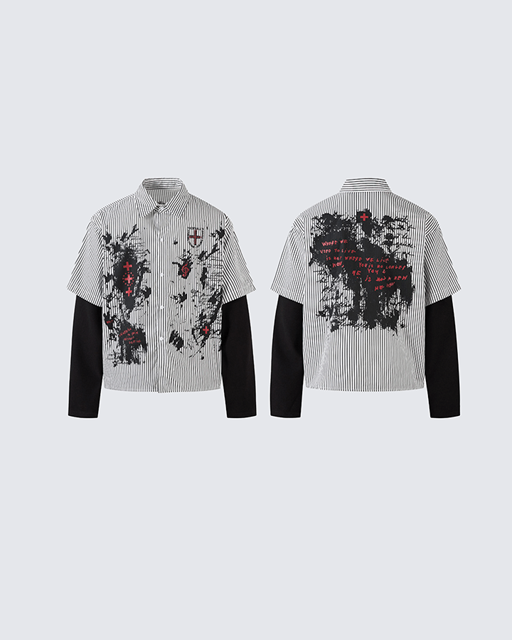 Gothic Graffiti Stripe Layered Shirt