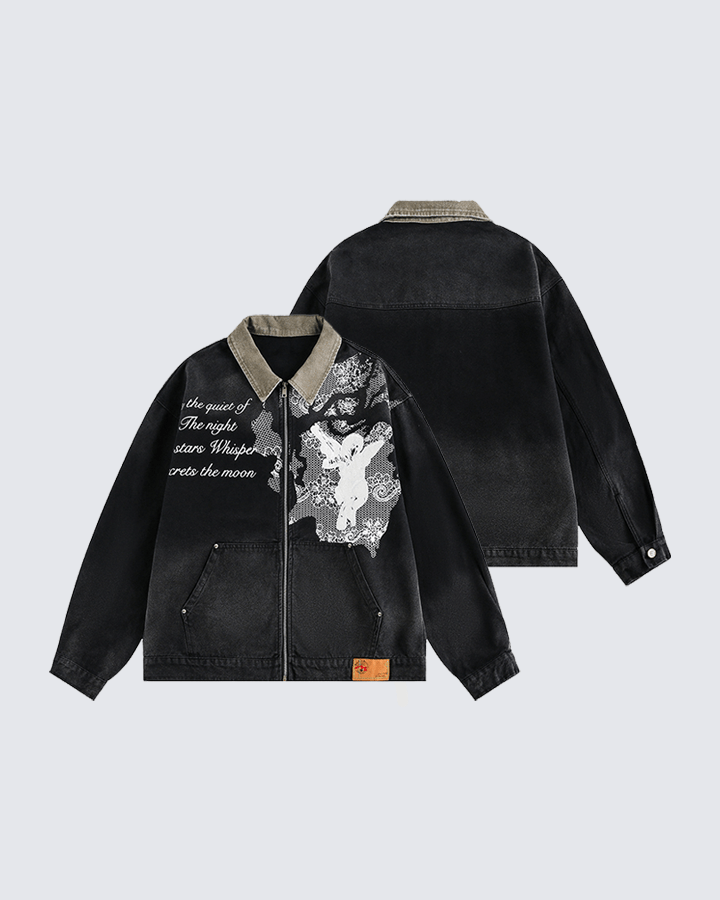 Angel Graphic Embroidered Vintage Washed Jacket