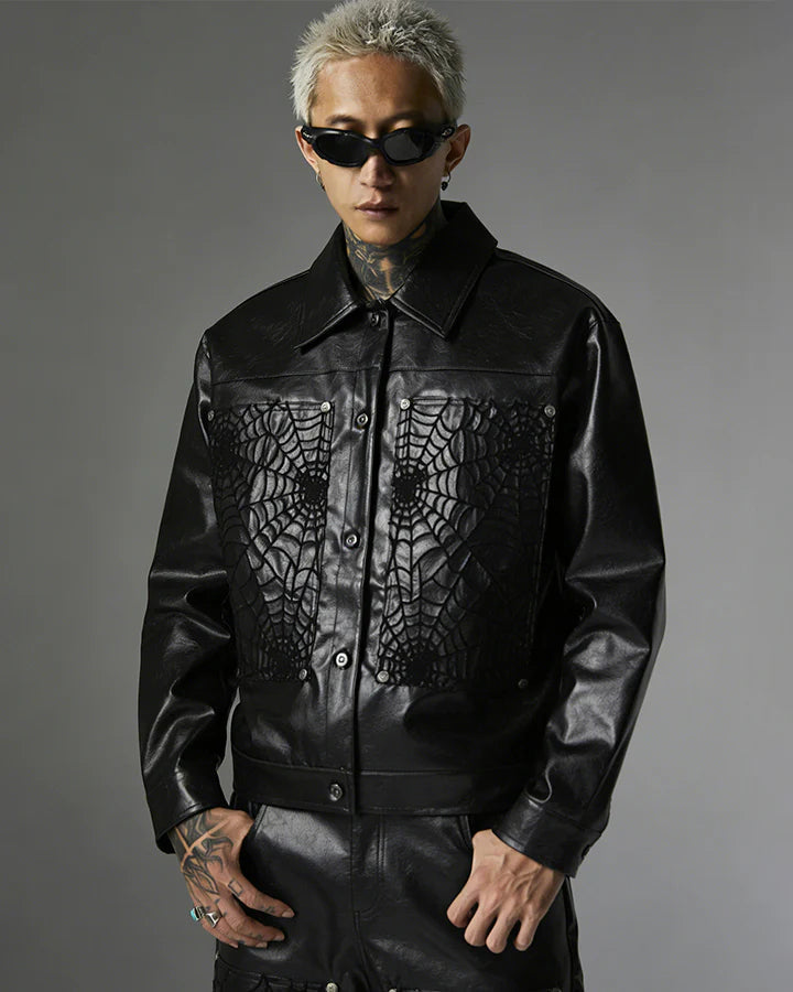 Faux Leather Jacket with Spiderweb Panels