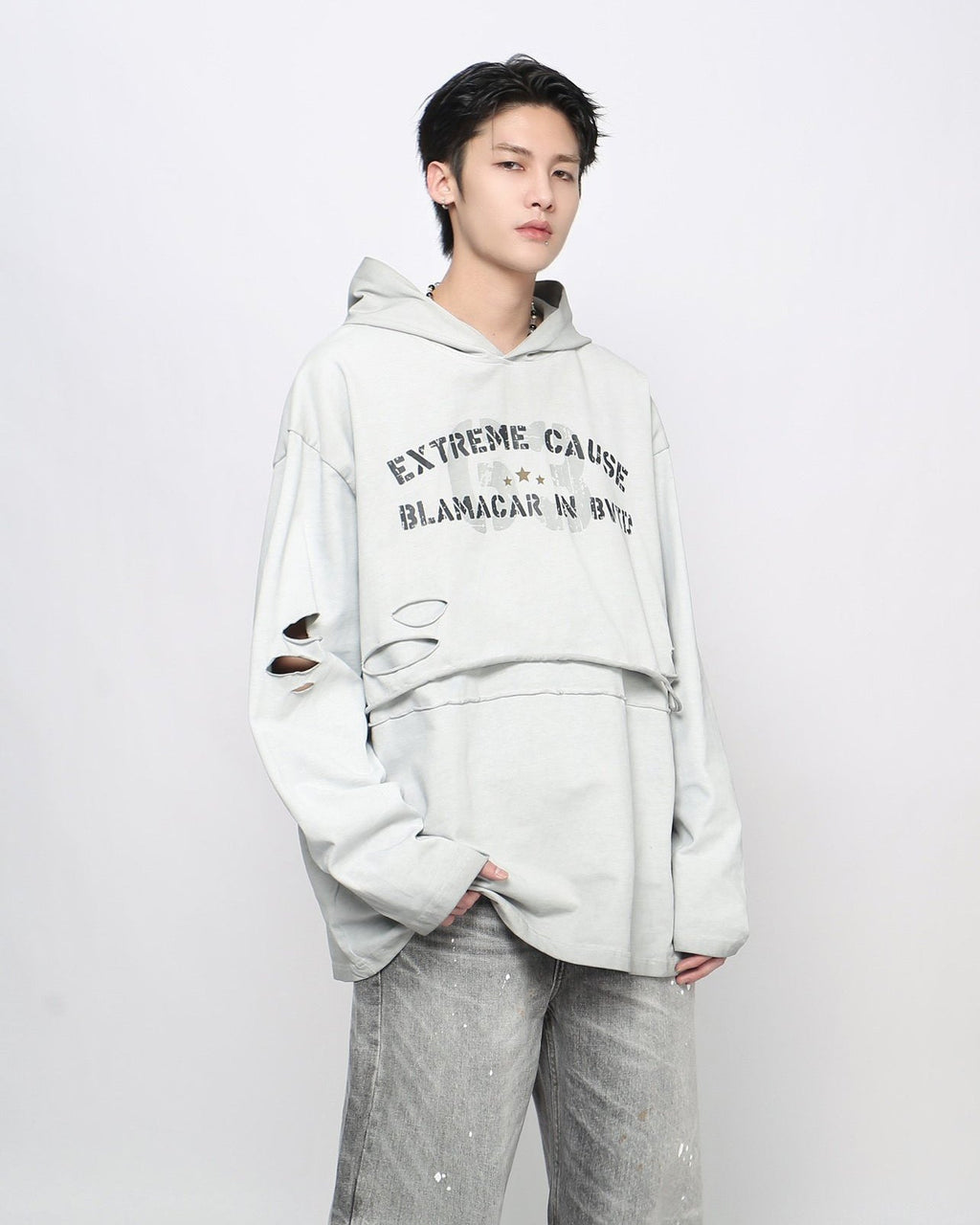 Retro Letter Distressed Hooded Sweatshirt