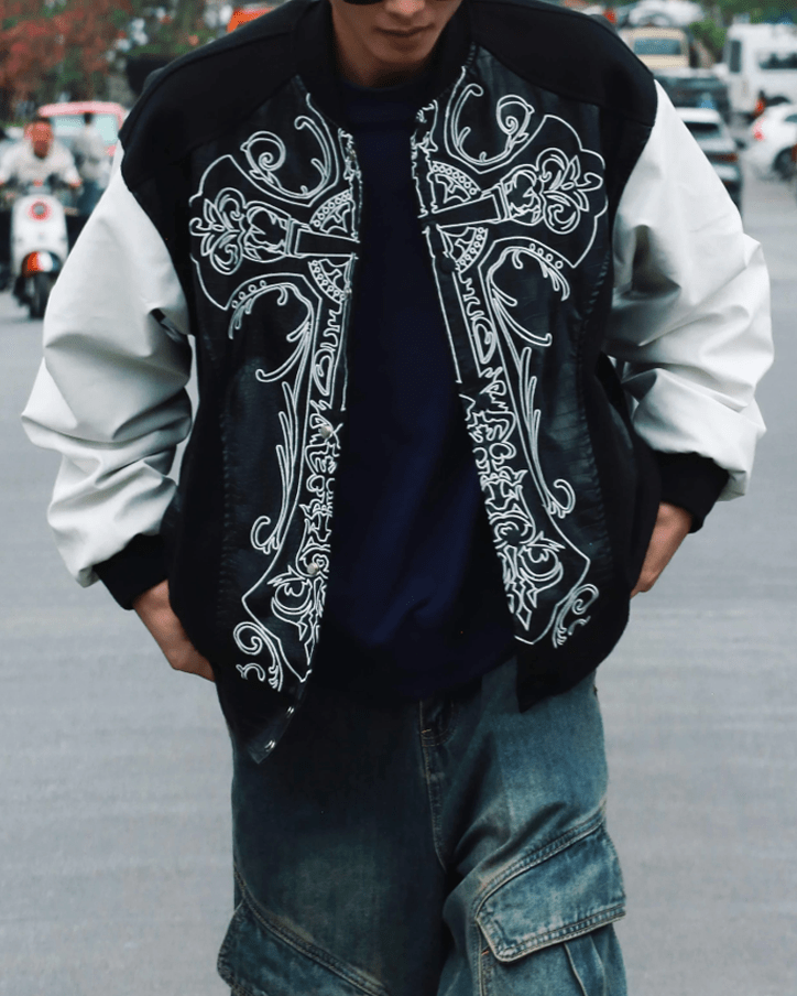 Gothic Cross Embroidered Faux Leather Varsity Jacket