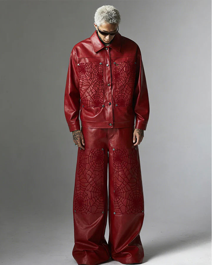 Faux Leather Jacket with Spiderweb Panels