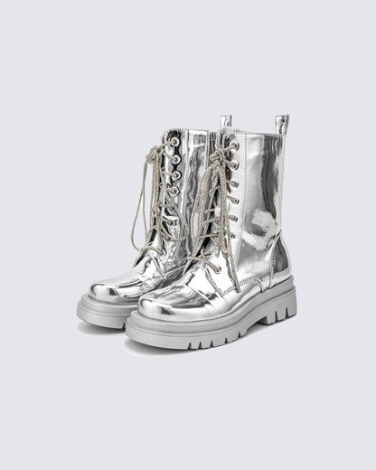 Metallic Lace-Up Platform Combat Boots