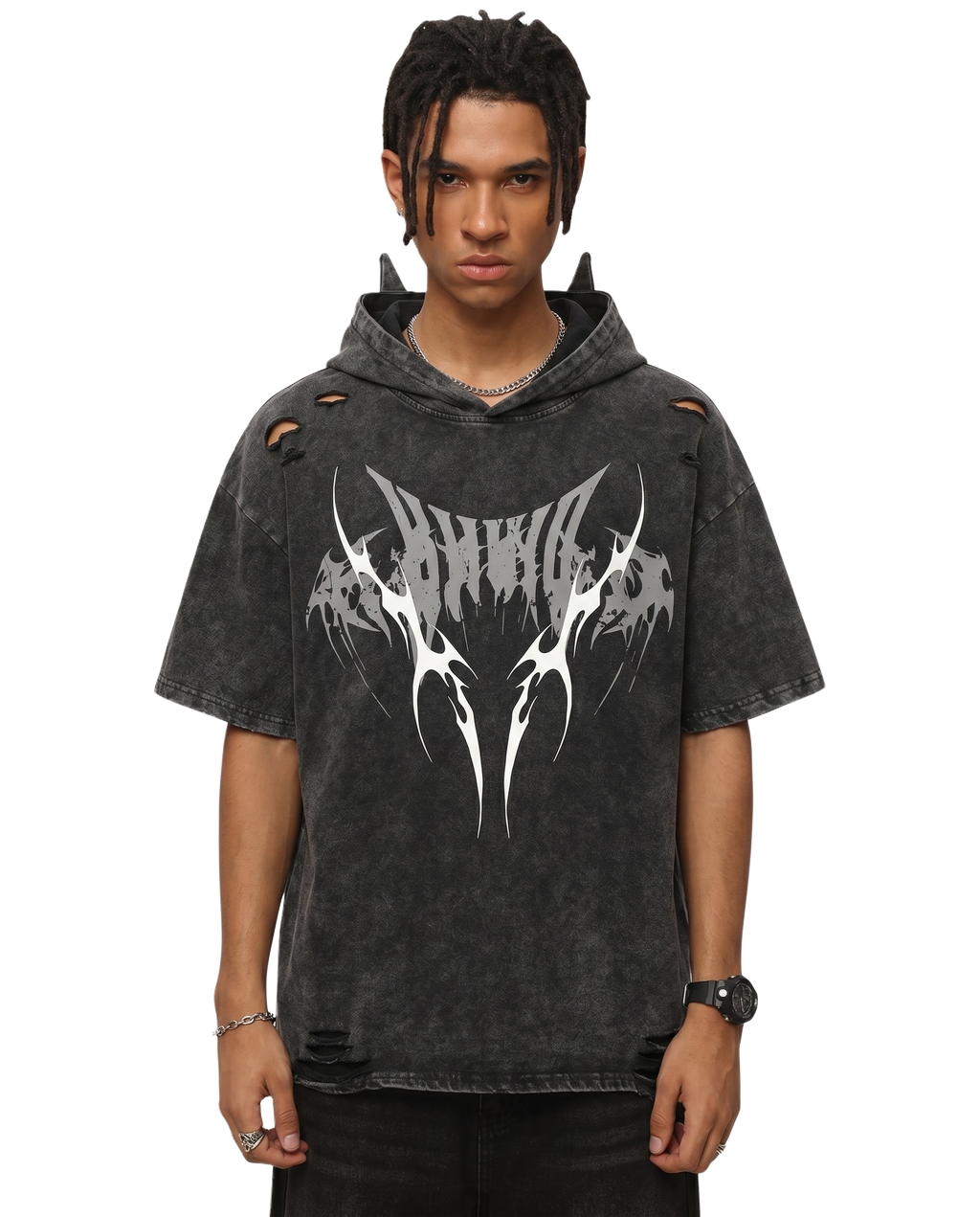 Distressed Urban Graphic Hoodie With Bat Ears