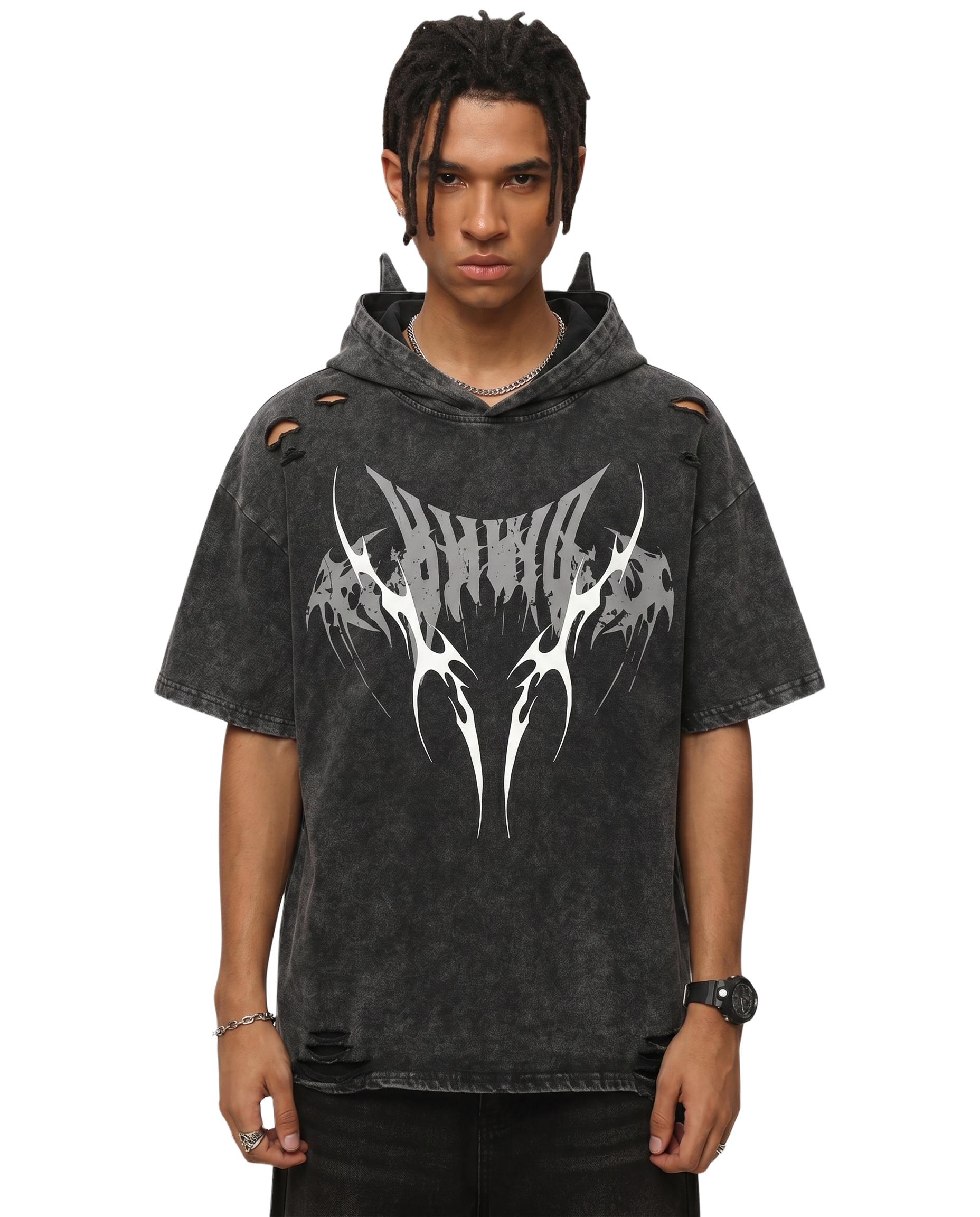Distressed Urban Graphic Hoodie With Bat Ears