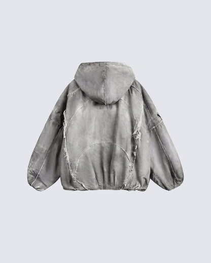 Distressed Patchwork Washed Zip Jacket