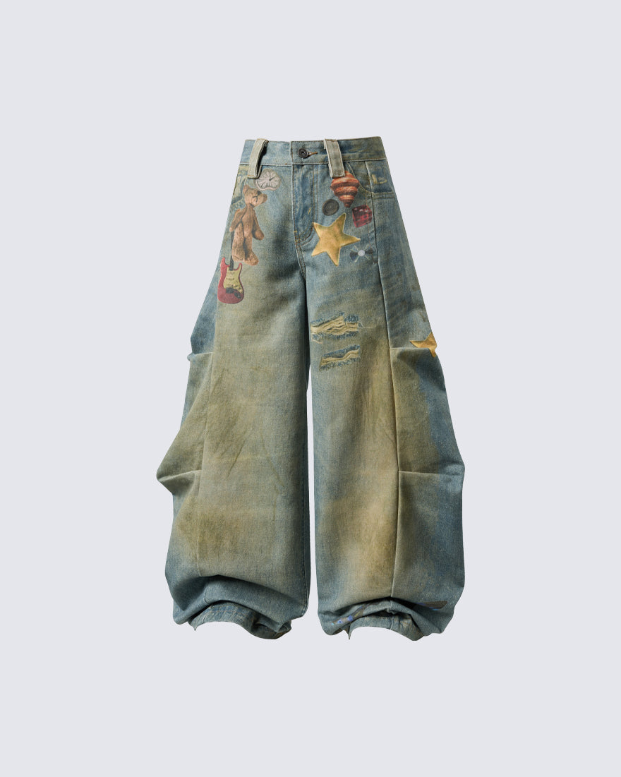 New Vintage Washed Cartoon Patch Balloon Jeans