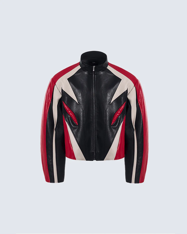 Vortex Racer-Bold Red, Black & White Leather Jacket