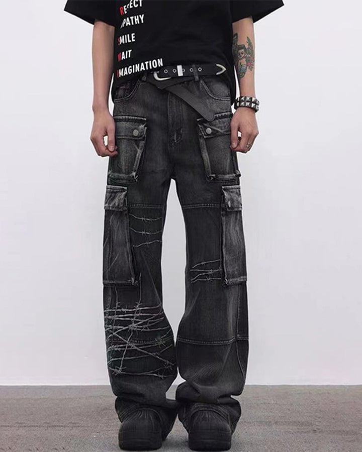 Distressed Black Cargo Pants with Multiple Pockets