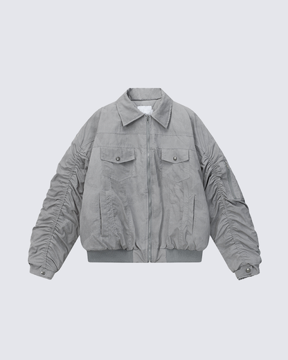 Ruched Sleeve Fleece-Lined Bomber Jacket